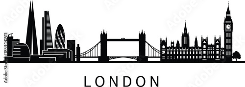 London Cityscape Black Silhouette of Famous Landmarks and Skyscrapers Including Big Ben, Shard and Tower Bridge for Travel and UK Tourism.