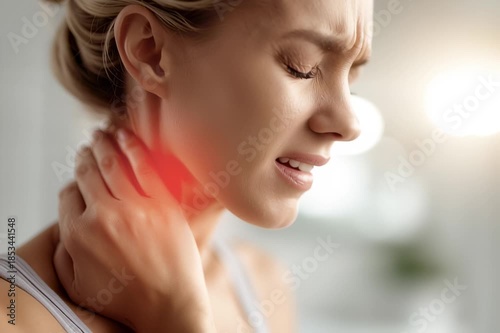 Neck Pain and Cervical Spine Pain – Close-up Woman Touching Neckю Red Glow Highlighting Pain, Cervical Osteochondrosis, Muscle Tension, Spinal Disorders