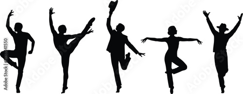 Set of diverse dancers silhouette on white background, black vector illustration of dancing people, various ballet or jazz dance poses.