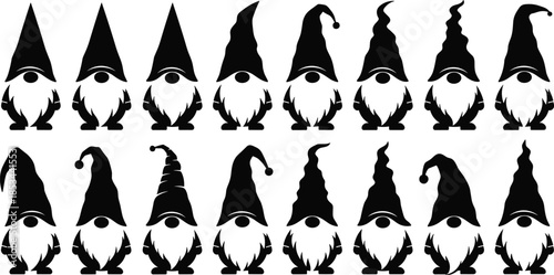 Set of Black Silhouettes of Christmas Gnomes with Various Shaped Hats, Holiday Decoration, Funny Elves, Trolls or Dwarf Vector Illustrations
