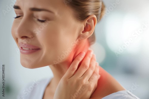 Neck Pain and Cervical Spine Pain – Close-up Woman Touching Neckю Red Glow Highlighting Pain, Cervical Osteochondrosis, Muscle Tension, Spinal Disorders