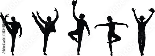 Set of male and female silhouettes in various jazz, ballet, or contemporary dance poses with one holding a fedora hat vector graphic.