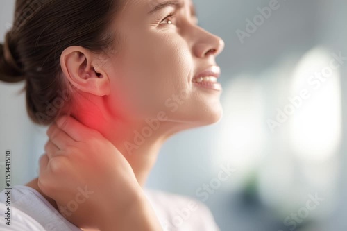 Neck Pain and Cervical Spine Pain – Close-up Woman Touching Neckю Red Glow Highlighting Pain, Cervical Osteochondrosis, Muscle Tension, Spinal Disorders