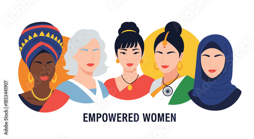 Empowered women concept featuring a diverse group of females from different cultures and nationalities standing together.