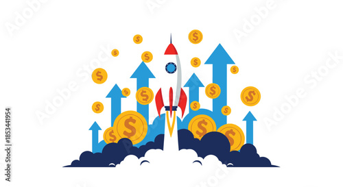 Business startup and financial growth concept with a rocket launching amidst upward arrows and floating dollar coins.