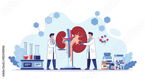 Medical research and treatment of kidney disease, with doctors studying a large human kidney model in a laboratory setting.