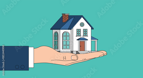 Real estate concept with a business person's hand holding a miniature model of a house, symbolizing property ownership.