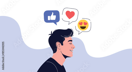 Young man with a happy and positive mindset, with social media like, heart, and love emoji icons in thought bubbles.