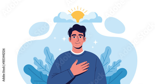 Man practicing gratitude and self-acceptance, standing with his hand on his chest under a shining sun and clouds.
