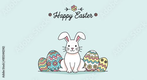 Happy Easter greeting card with a cute cartoon bunny sitting among several colorfully decorated and painted Easter eggs.