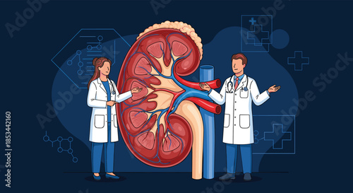 Doctors specializing in urology or nephrology discussing the human kidney, with a large anatomical model on a dark background.