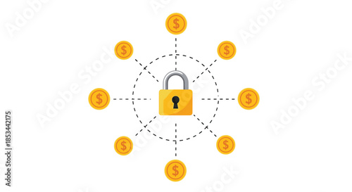 Financial security concept with a central padlock surrounded by a network of connected dollar coins on a white background.