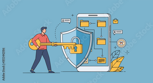 Mobile data security and privacy concept with a man holding a large key to unlock a shield protecting a smartphone.