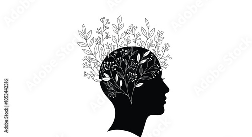 Mental health and growth concept shown by a silhouette of a woman's head with delicate plants and branches growing from it.