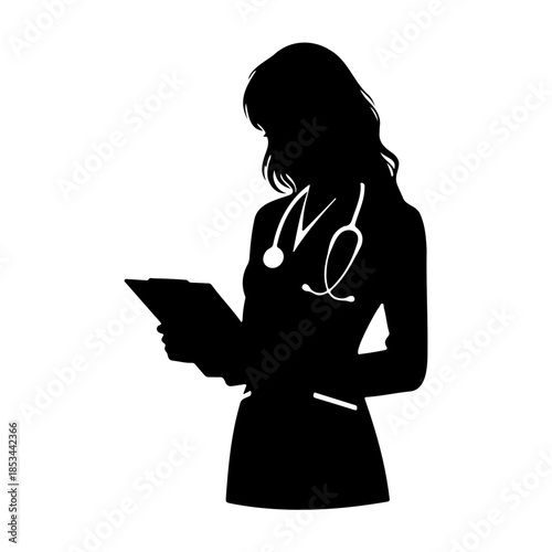 Female Doctor or Nurse with Stethoscope and Clipboard in Silhouette