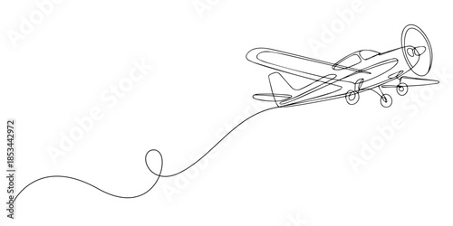 Small plane taking off in continuous line art drawing style, One continuous line drawing of airport icon. Single line vector illustration, Small plane taking off in continuous line art drawing style,