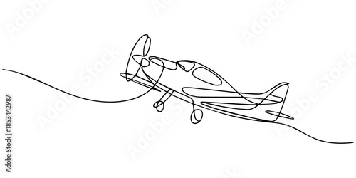 Small plane taking off in continuous line art drawing style, One continuous line drawing of airport icon. Single line vector illustration, Small plane taking off in continuous line art drawing style,