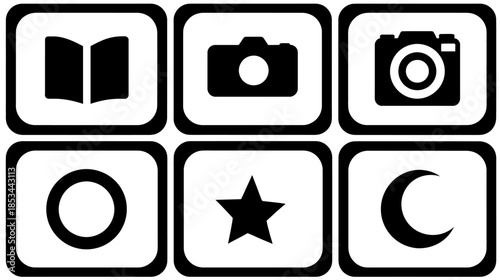 Minimalist black and white icons set: book, compact camera, DSLR, circle, star, and moon. Simple graphic design elements.