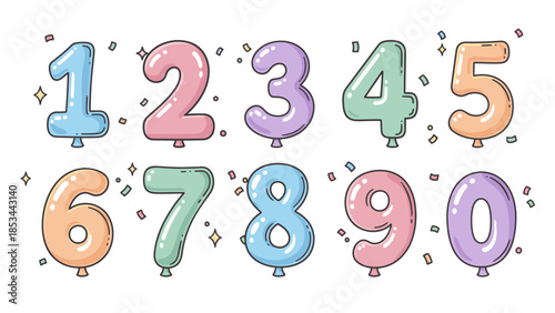 Cute balloon number set from 0 to 9 in playful doodle style. Flat vector illustration with black outline and solid colors. Perfect for kids design, birthday, education, and celebration projects.