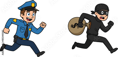 Cartoon police officer chasing thief with money bag, crime prevention, law enforcement action scene, cad drawing flat vector illustration