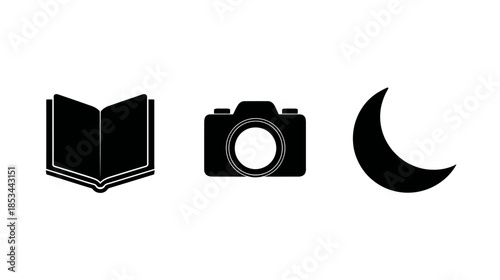 Minimalist silhouette icons featuring an open book, a classic camera, and a crescent moon on a clean white background.