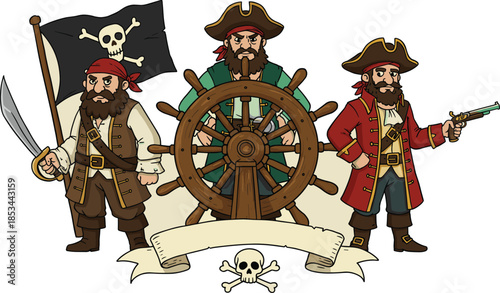 Cartoon pirate characters with weapons and ship wheel, pirate crew illustration with fla
