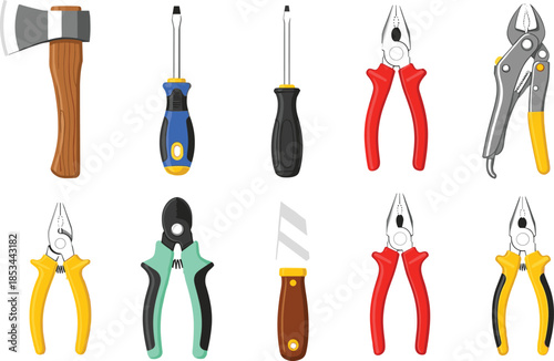 Manual Work Tools Set Vector Illustration Axe Screwdrivers Pliers Cutters Construction Maintenance Repair Equipment