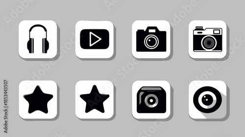 Modern minimalist black and white media icons set. Vector graphic collection featuring camera, video, audio, and social symbols for web and apps.