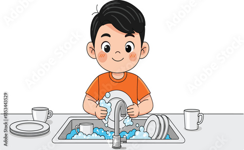 Child washing dishes, kitchen chore, hygiene habit, daily routine, responsibility, clean sink, foam soap, home activity, parenting, household task