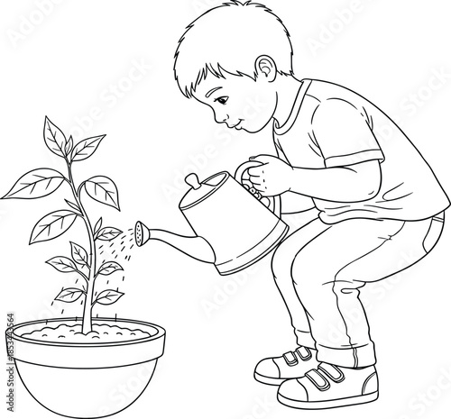 Child watering plant, gardening activity, environmental care, nurturing nature, kid with watering can, potted plant growth, eco-friendly lifestyle, outdoor learning