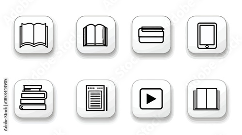 Modern flat design vector icons for education, knowledge, e-learning, and digital media, featuring books, e-readers, documents, and play button.