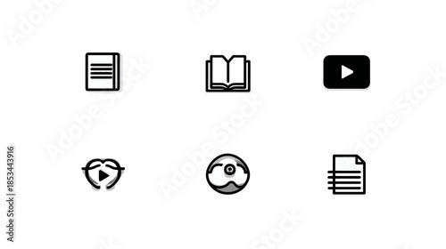 Collection of Diverse Media and Document Icons: Video Play, Book, File, and Audio Symbols on a Clean White Background