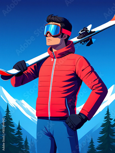 A vibrant illustration of a skier prepared for an exciting adventure on the snow-covered mountain peaks under a clear blue sky