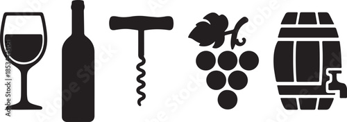Wine Icon Set Silhouettes with glass, bottle, Corkscrew, grapes and barrel vector illustration