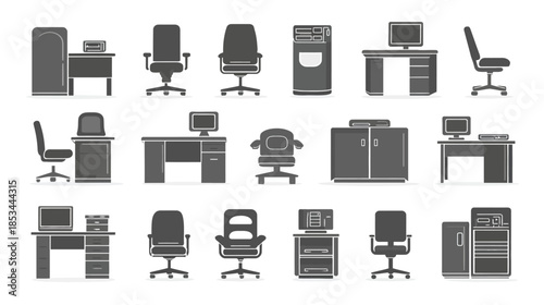 Set of Flat Design Office Furniture Icons, Including Various Desks, Ergonomic Chairs, Computers, and Storage Cabinets in Monochromatic Grey