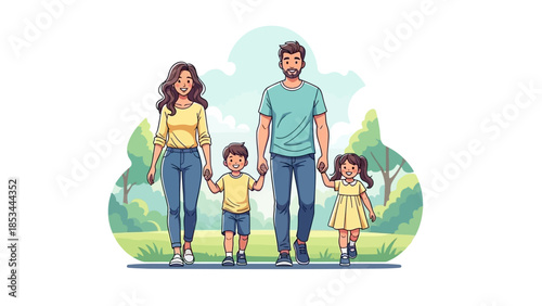 A happy family of four, consisting of parents and two young children, walking hand-in-hand in a park on a sunny day.