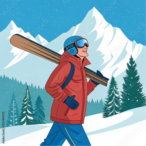 A determined skier prepares for a thrilling descent, carrying equipment through a majestic snowy mountain landscape