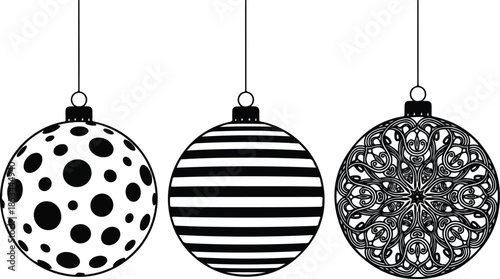 Geometric Christmas Ornaments Hanging by Strings — Black and White Festive Illustration Featuring Checkerboard, Maze, and Topographic Patterns for Holiday T-Shirts, Greeting Cards, Seasonal Branding, 