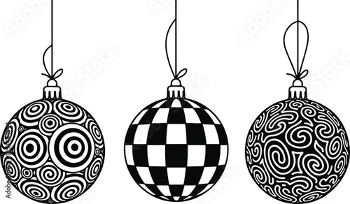 Geometric Christmas Ornaments Hanging by Strings — Black and White Festive Illustration Featuring Checkerboard, Maze, and Topographic Patterns for Holiday T-Shirts, Greeting Cards, Seasonal Branding, 