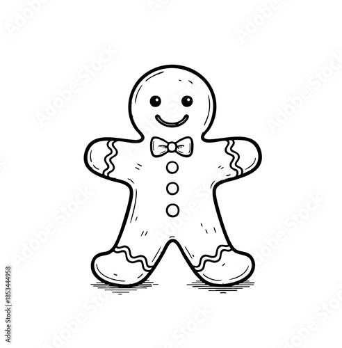 Cute gingerbread man cookie sketch with bow tie and icing details. Hand drawn Christmas biscuit character, black and white line art vector for holiday coloring and bakery decor.