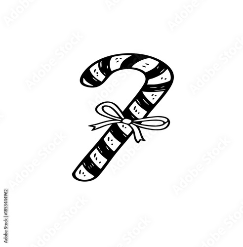 Hand drawn candy cane sketch with a simple ribbon bow. Festive Christmas peppermint candy illustration, black and white line art vector for holiday treats and seasonal decor.