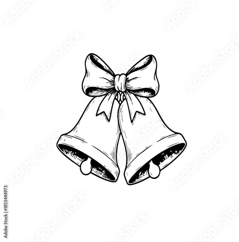 Classic Christmas bells sketch with a decorative bow. Vintage style hand drawn bells illustration, black and white line art vector for holiday church, wedding, or festive decorations.