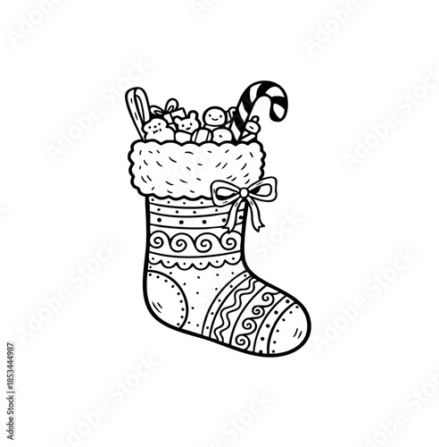 Ornate Christmas stocking sketch filled with gifts, candy canes, and toys. Hand drawn festive sock illustration, black and white line art for holiday coloring and fireplace decor.