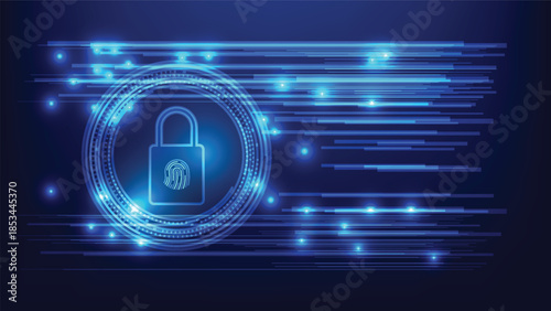 cyber security and privacy digital data protection. padlock with fingerprint symbol with futuristic element on blue background 