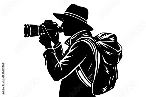 Traveler taking photo silhouette vector illustration isolated on white background