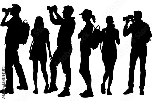 Traveler taking photo bundle silhouette vector illustration isolated on white background