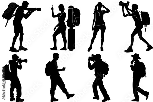 Traveler taking photo pack silhouette vector illustration isolated on white background