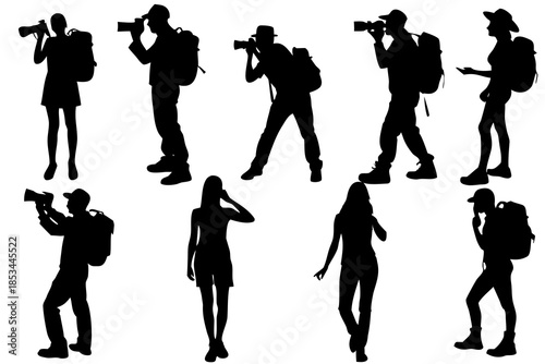 Traveler taking photo silhouette vector illustration isolated on white background