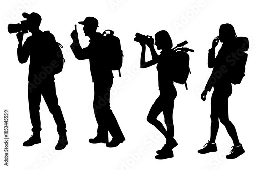 Traveler taking photo pack silhouette vector illustration isolated on white background