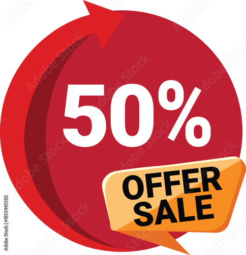50 percent off offer sale vector illustration red circle sticker with tag and arrow